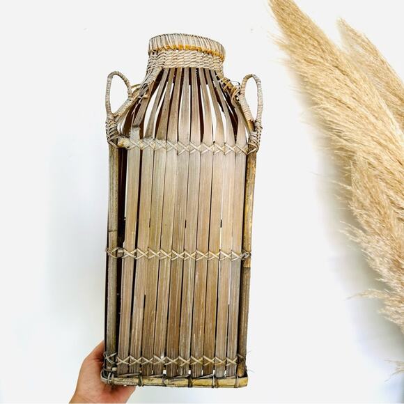 VINTAGE Brown Wood Wicker Woven Tall Basket Accent Decor Vase Handles Y2K 90s - Picture 2 of 8